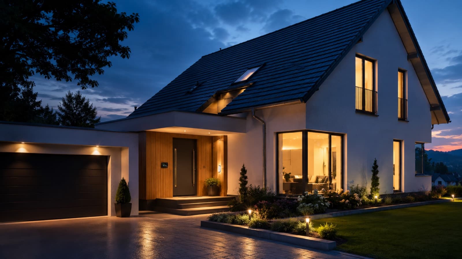 Modernes Einfamilienhaus im Saarland am Abend mit beleuchteten Fenstern
