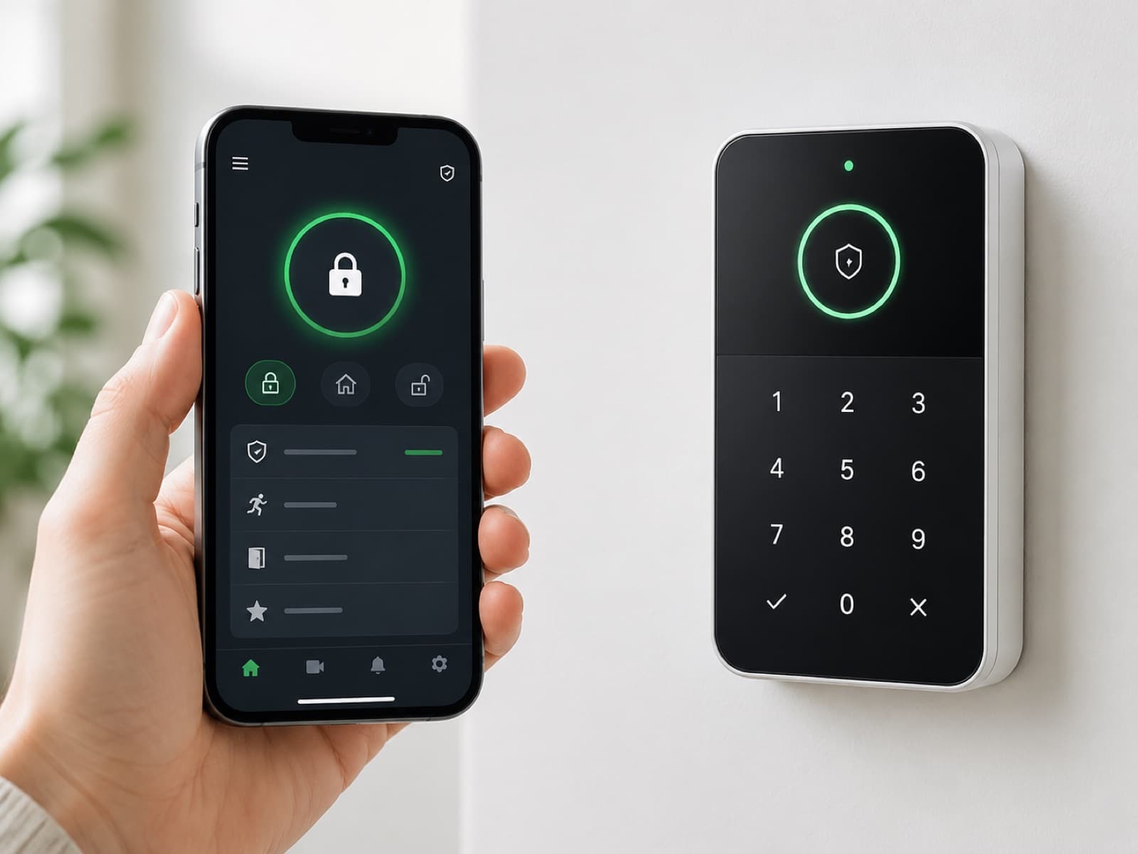 Modernes Alarm-Bedienteil und Sicherheits-App auf dem Smartphone